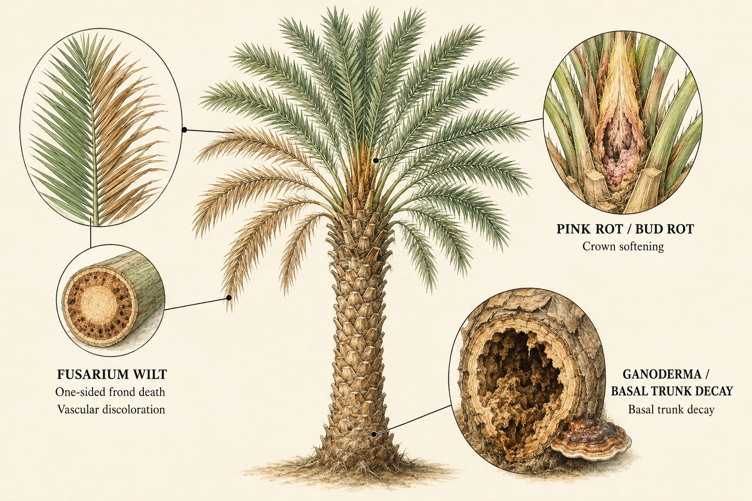Illustrated Phoenix dactylifera disease symptoms including Fusarium wilt, crown rot and basal decay