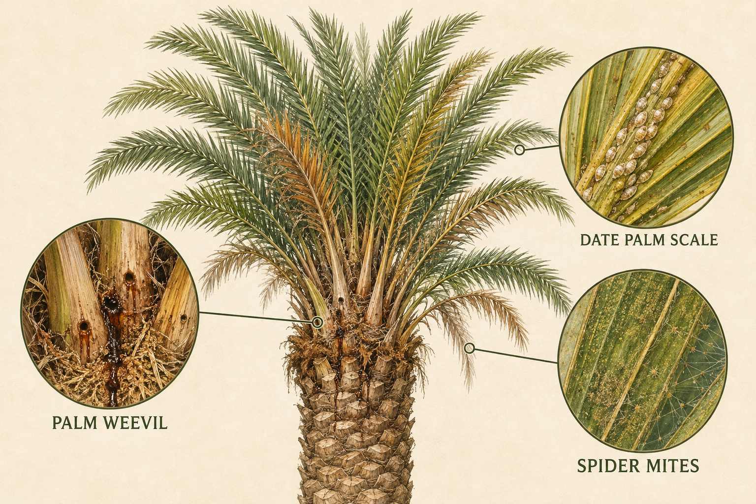 Illustrated Phoenix dactylifera pest symptoms including palm weevil, scale and mites